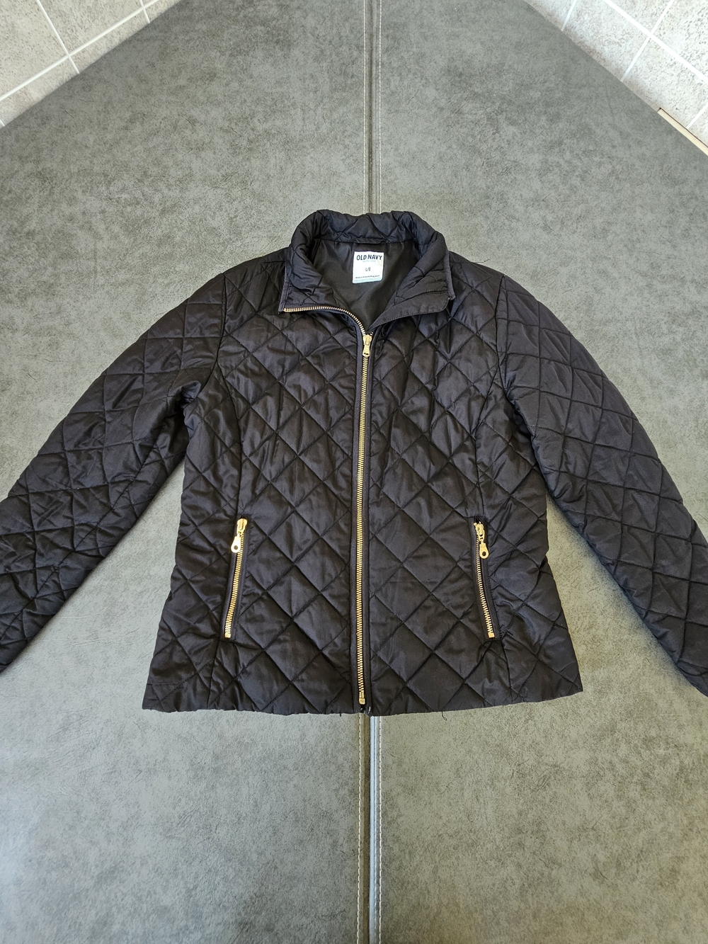 Old Navy Black Quilted Packable Jacket with Gold Zippers